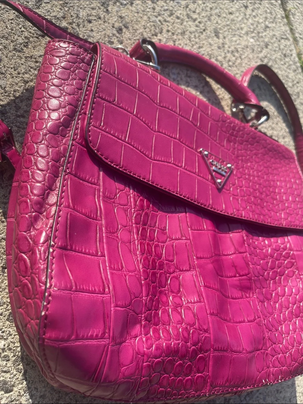 GUESS Magenta Croc-Embossed Top-Handle Satchel